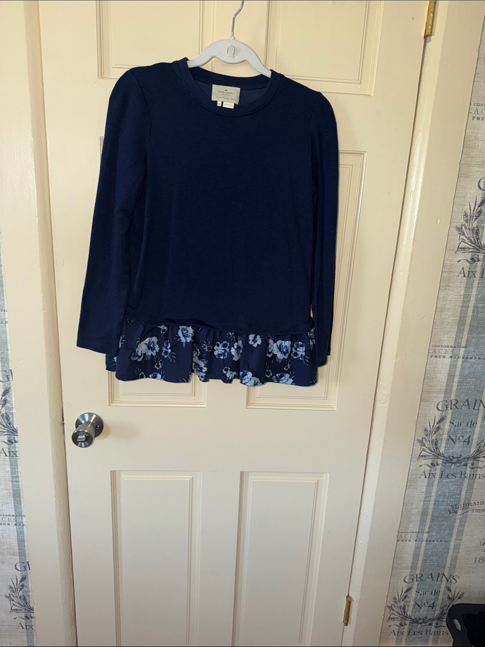 kate spade Navy Long-Sleeve Top with Floral Ruffle Hem